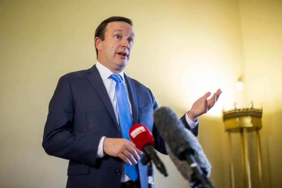 United States Senator Chris Murphy during a press conference in Parliament Buildings of Stormont. Senator Murphy has spent the day meeting local party’s and business leaders is relation to the Northern Ireland Protocol. PA Photo. Picture date: Monday November 22 2021. See PA story POLITICS Brexit US. Photo credit should read: Liam McBurney/PA Wire