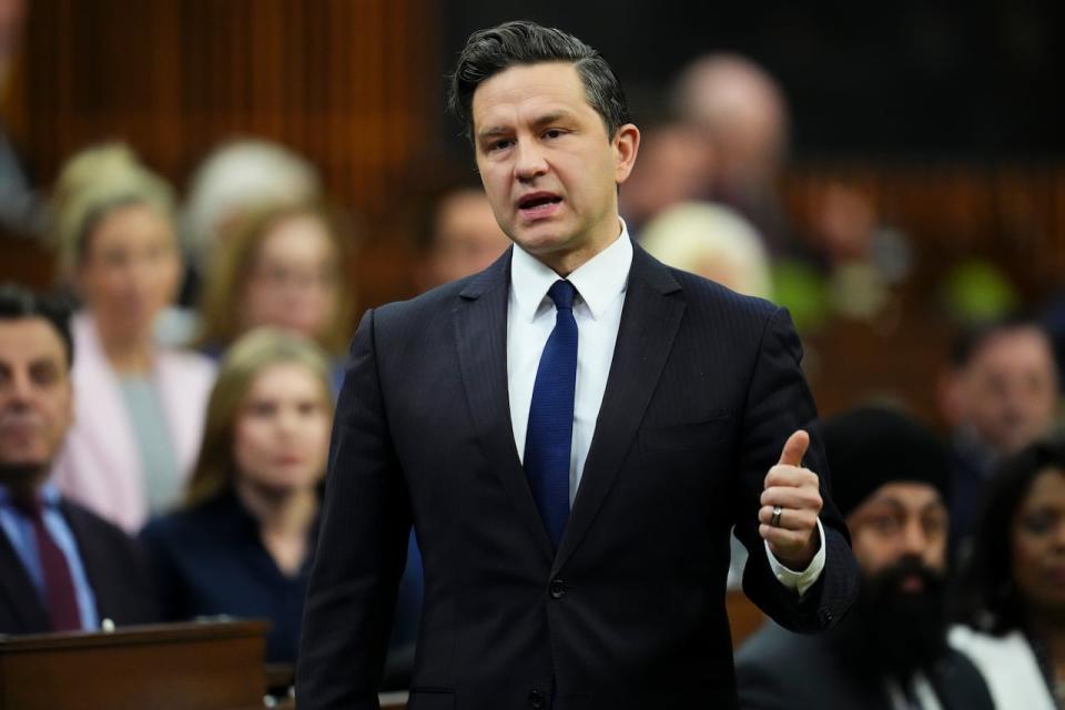 Conservative Leader Pierre Poilievre rises during during question period in the House of Commons on Parliament Hill in Ottawa on Monday, April 29, 2024.