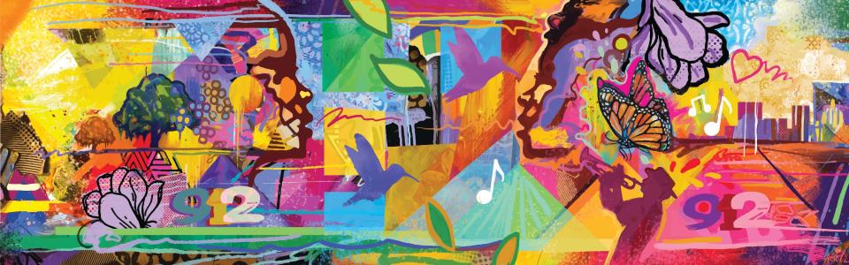 Amiri Farris created a painting for The 912 newsletter using vibrant and abstract shapes, designs, face silhouettes and symbols that illustrate Savannah. Farris said he wanted to capture the feeling of community.