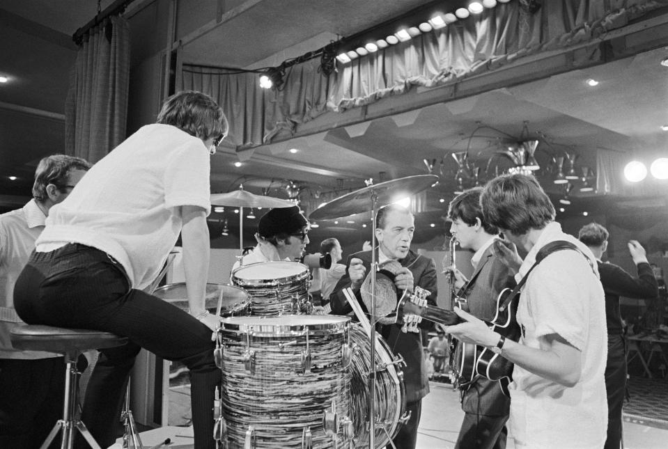 NEW YORK - FEBRUARY 16: The Beatles at rehearsal in the Deauville Hotel, Miami Beach, Florida for THE ED SULLIVAN SHOW.  From left: Ringo Starr, John Lennon, Ed Sullivan Paul McCartney and George Harrison. Image dated February 16, 1964. (Photo by CBS via Getty Images) 