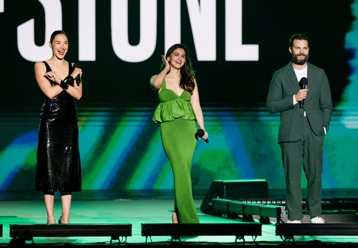 Gal Gadot, Alia Bhatt and Jamie Dornan speak during Netflix's Tudum: A Global Fan Event 2023 (Getty Images for NETFLIX)