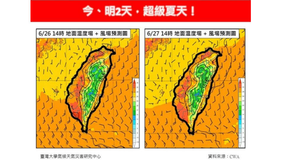 臉書粉專「林老師氣象站」提醒，今、明2天是超級夏天，非必要儘量減少於上午10時至下午3時外出。翻攝自林老師氣象站臉書粉專