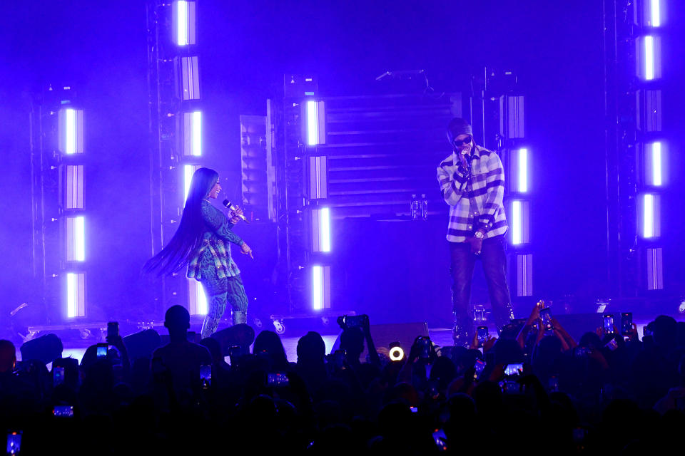 Nicki Minaj and 2 Chainz perform onstage during Powerhouse NYC on October 29, 2022 in Newark, New Jersey.