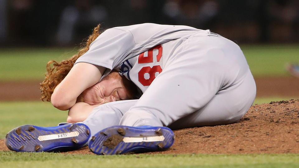 Dustin May, pictured here after he was struck on the head.