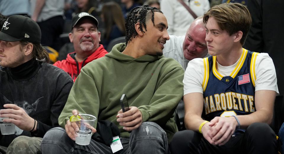 Green Bay Packers quarterback Jordan Love, green hoodie, is shown during the second half of the Marquette-Seton Hall game Saturday at Fiserv Forum. Marquette beat Seton Hall, 75-57.