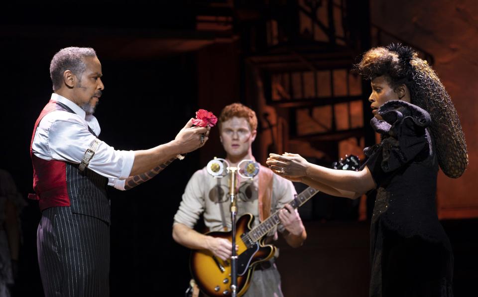 From left, Kevyn Morrow, Nicholas Barasch and Kimberly Marable in a scene from the North American Tour of “Hadestown.”