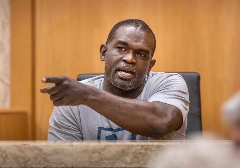 Jarvis Collins identifies the defendant Marcelle Waldon during testimony in Waldon's first-degree murder trial Thursday in Bartow. Prosecutors and the defense grilled Collins for more than three hours about his interactions with Waldon over the course of a day following the killings of Edie Yates Henderson and David Henderson.