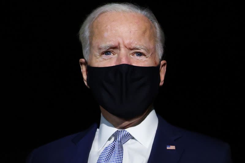 Democratic U.S. presidential nominee Biden speaks to reporters before boarding his campaign plane in Scranton, Pennsylvania