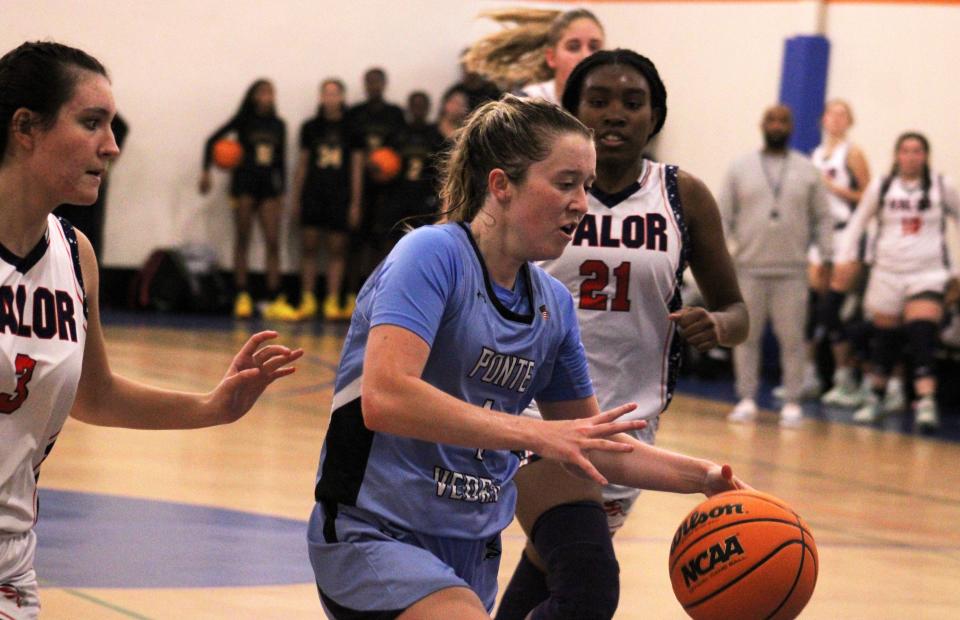 Ponte Vedra guard Morgan Gavazzi (1) dribbles into the lane after a steal during overtime against Valor Christian during the 2022 Insider Exposure Thanksgiving Classic.