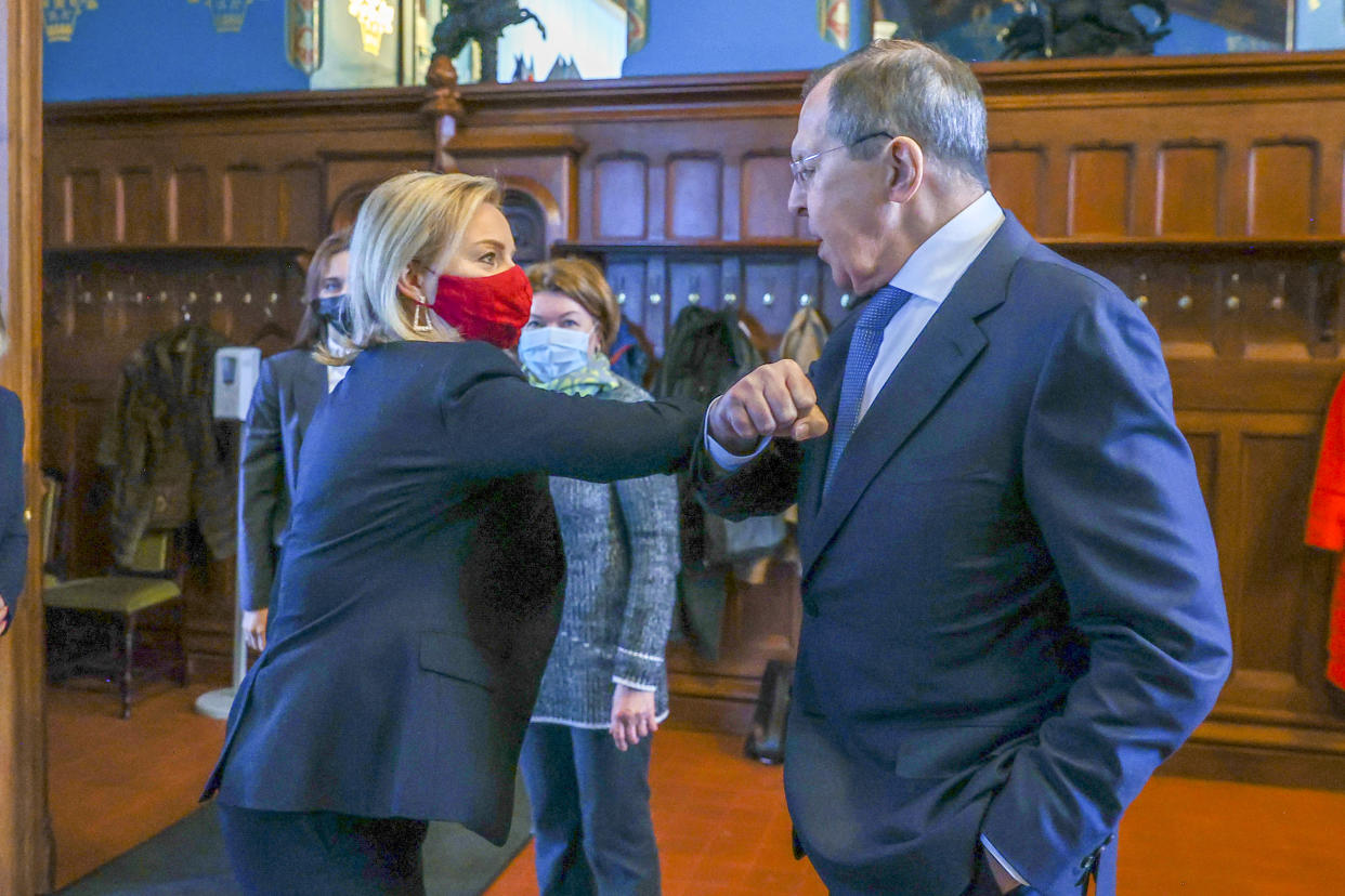 Russian Foreign Minister Sergey Lavrov and British Foreign Secretary Liz Truss meeting in Moscow. (AP)