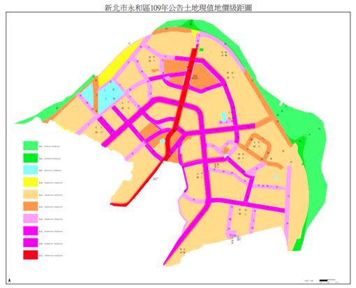 紅色區段為公告土地現值最高路段。（圖／取自新北市永和區109年公告土地現值地價級距圖）