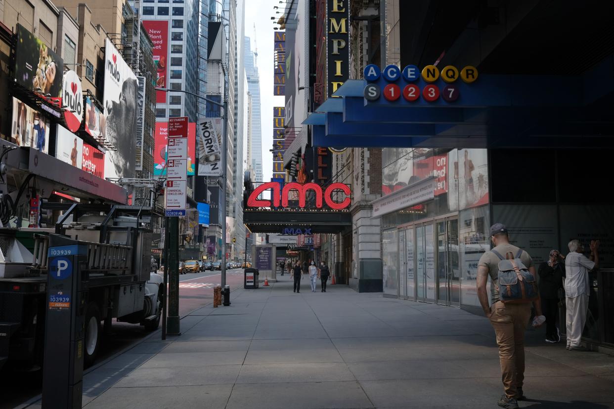 A business stands closed along New York City’s iconic 42nd Street on Aug. 6, 2020 in Manhattan. Despite New York’s success in bringing down the number of COVID-19 cases, Manhattan is still struggling as thousands of businesses remain shuttered and tourism has yet to recover.