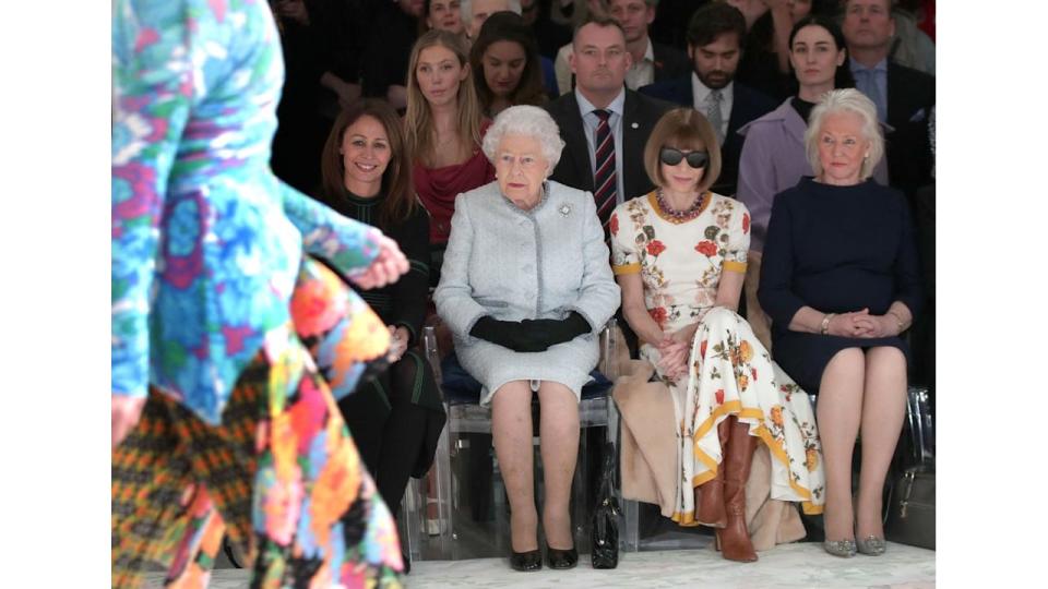 Queen Elizabeth II, Anna Wintour and Angela Kelly at London Fashion Week