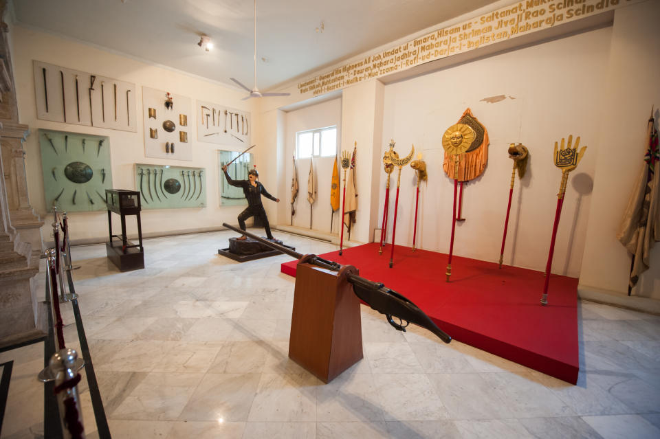 A weapons room inside the Jai Vilas Palace. The Jai Vilas Mahal was established in 1874 by Jayajirao Scindia, the Maharaja of Gwalior. (Photo by Atid Kiattisaksiri/LightRocket via Getty Images)