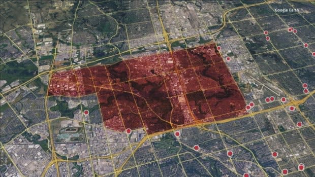 The red patch is Toronto’s northwest corner, which has remained a hot spot for infections throughout the pandemic. Now, it's a desert for pharmacies offering the COVID-19 vaccine. 