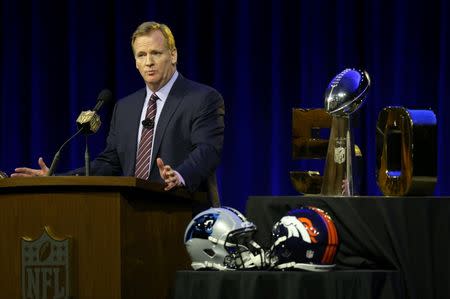 Feb 5, 2016; San Francisco, CA, USA; NFL commissioner Roger Goodell speaks during a press conference at Moscone Center in advance of Super Bowl 50 between the Carolina Panthers and the Denver Broncos. Mandatory Credit: Matthew Emmons-USA TODAY Sports