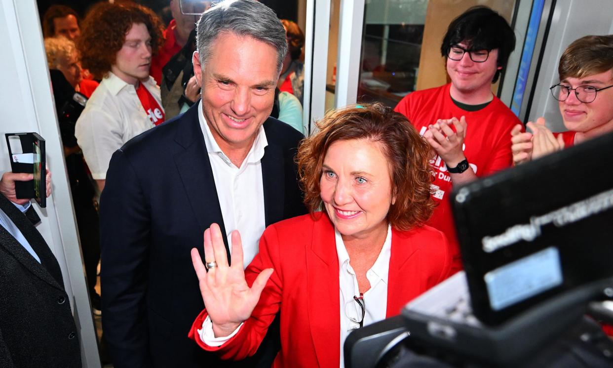 <span>Labor’s Jodie Belyea and deputy prime minister Richard Marles arrive to claim victory in the Dunkley byelection.</span><span>Photograph: Morgan Hancock/AAP</span>