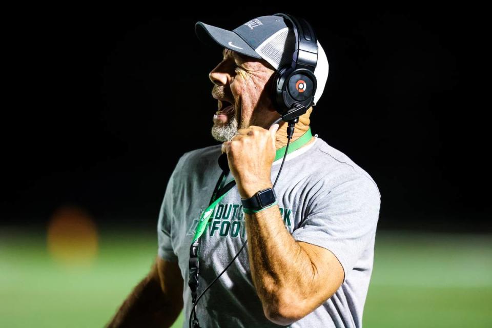 Dutch Fork Silver Foxes head coach Tom Knotts directs his team against the Dorman Cavaliers during their game at Dutch Fork High School during round two of the playoffs Friday, Nov. 11, 2022.