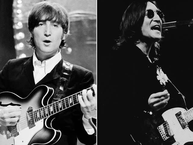 <p>Mark and Colleen Hayward/Redferns ; New York Times Co./Larry C. Morris/Getty</p> Left: John Lennon performs on the BBC TV show 'Top Of The Pops' in London on June 16, 1966. Right: John Lennon performs onstage in Madison Square Garden on Nov. 28, 1974.