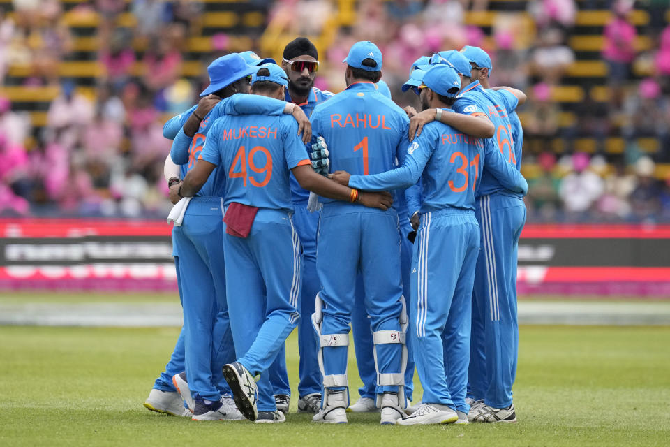 India's players form a huddle before the start of the first One Day International cricket match between South Africa and India, at the Wanderers in Johannesburg, South Africa, Sunday, Dec. 17, 2023. (AP Photo/Themba Hadebe)