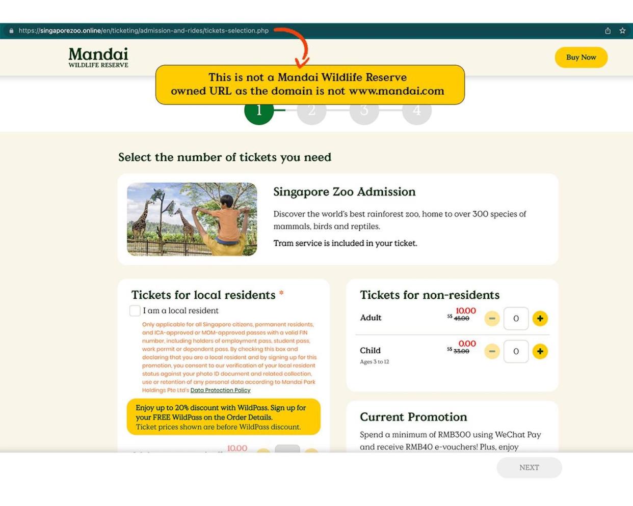 The scam site impersonating Mandai Wildlife Reserve website selling fake $10 Singapore Zoo tickets. 