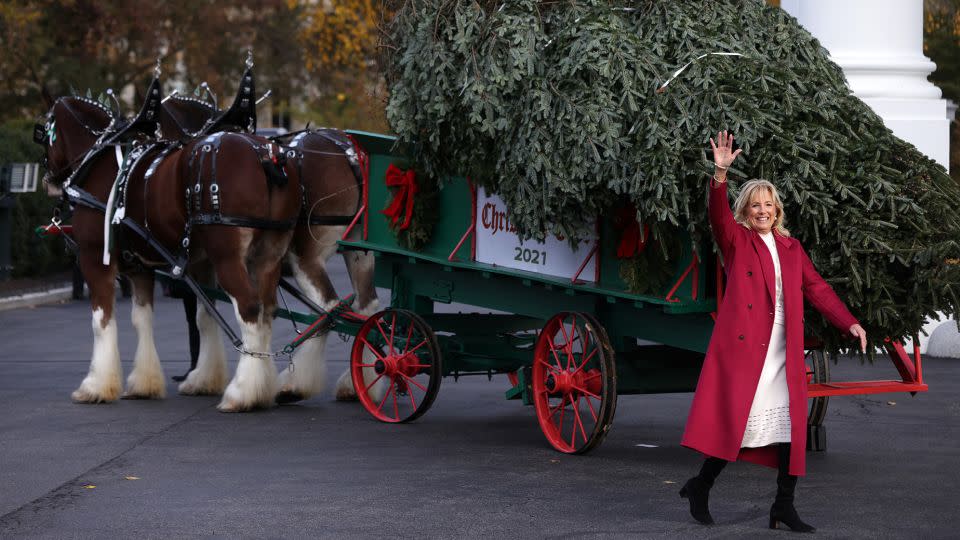 <strong>2021: </strong>Dr. Jill Biden received the 18-foot-tall White House Christmas Tree, grown in North Carolina. - Alex Wong/Getty Images