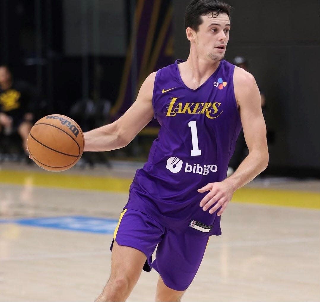 Sam Peek drives up court during a workout in Los Angeles before Lakers team officials on June 17, 2023. The Poughkeepsie native competed last season at Stetson University has aspires to play professional basketball.