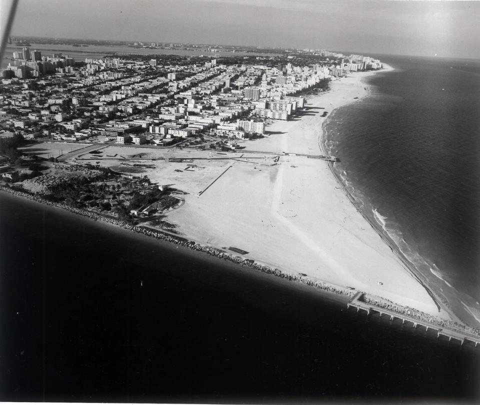In 1982, the view north from Government Cut showing Miami Beach hotels.