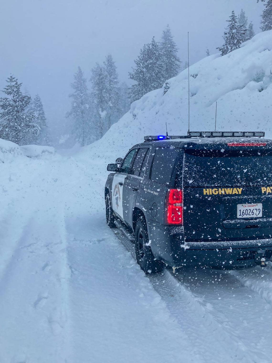 The California Highway Patrol posted photos of snow falling on Highway 168 just below China Peak Ski Resort in eastern Fresno County on Tuesday, March 14, 2023.