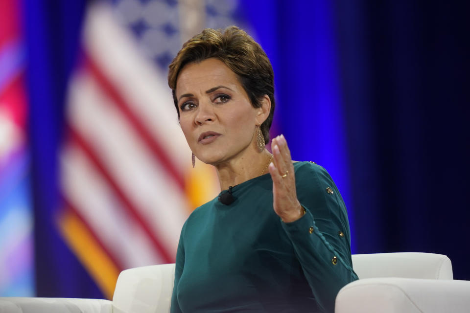 Kari Lake, Republican candidate for Arizona governor, speaks at the Conservative Political Action Conference (CPAC) in Dallas on Aug. 5, 2022.  (LM Otero/AP)