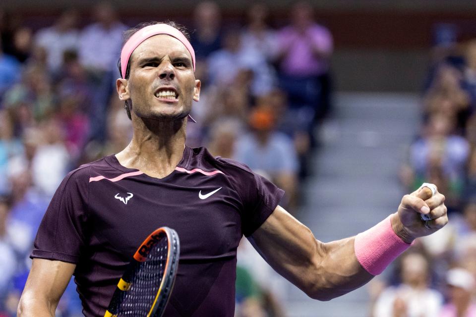 Spain's Rafael Nadal gestures after a point during the 2022 US Open Tennis tournament men's singles first round match against Australia's Rinky Hijikata at the USTA Billie Jean King National Tennis Center in New York, on August 30, 2022. (Photo by COREY SIPKIN / AFP) (Photo by COREY SIPKIN/AFP via Getty Images)