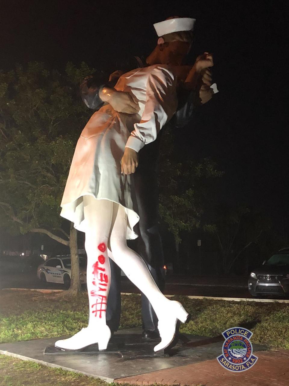 The statue, called Unconditional Surrender, was found spraypainted with the "MeToo" hashtag early Tuesday morning, police said. (Photo: Sarasota PD)