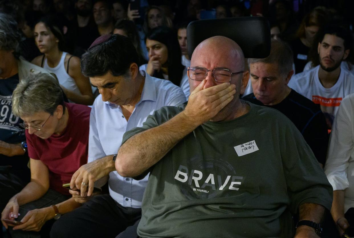 Family and friends of those taken hostage by Hamas during an attack on Israel react during a press conference on Oct. 13, 2023, in Tel Aviv, Israel. <a href="https://www.gettyimages.com/detail/news-photo/family-and-friends-of-those-taken-hostage-by-hamas-during-news-photo/1733110598?adppopup=true" rel="nofollow noopener" target="_blank" data-ylk="slk:Leon Neal/Getty Images;elm:context_link;itc:0;sec:content-canvas" class="link "> Leon Neal/Getty Images</a>