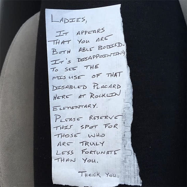 Woman’s heartfelt response after man left note for parking in a disabled bay