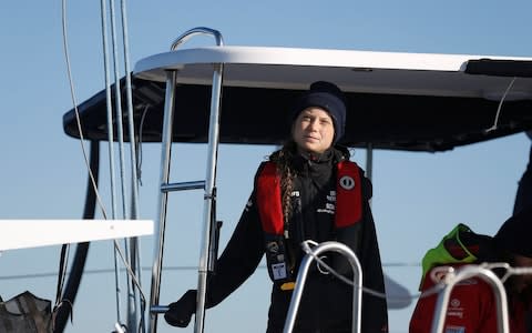 Climate change activist Greta Thunberg arrives aboard the yacht La Vagabonde at Santo Amaro port in Lisbon - Credit: REUTERS/Rafael Marchante