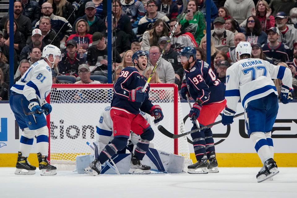 Oct 14, 2022; Columbus, Ohio, USA;  Columbus Blue Jackets center Boone Jenner (38) reacts to a save by Tampa Bay Lightning goaltender Andrei Vasilevskiy (88) during a 5-on-3 power play during the second period of the NHL hockey game at Nationwide Arena. Mandatory Credit: Adam Cairns-The Columbus Dispatch