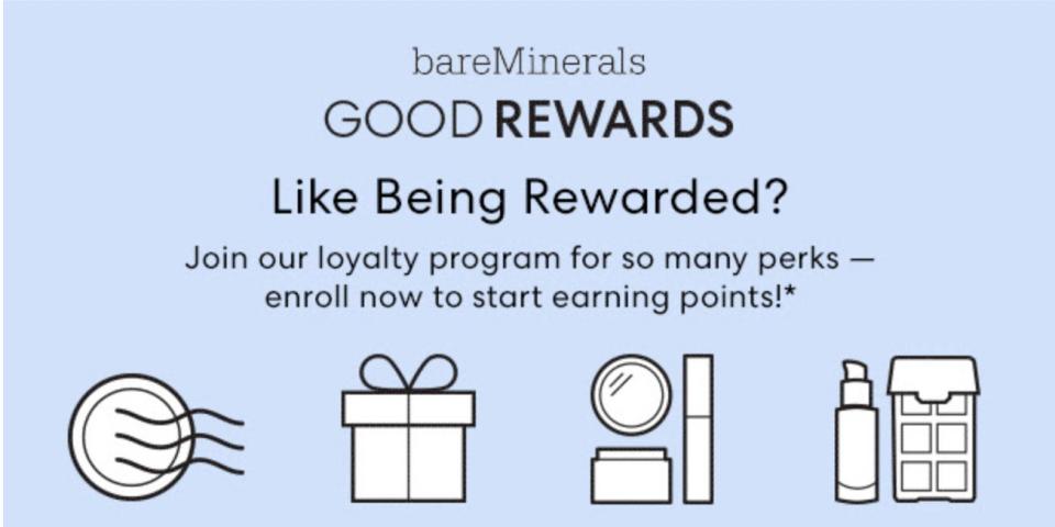 A graphic shows bareMinerals' rewards perks.