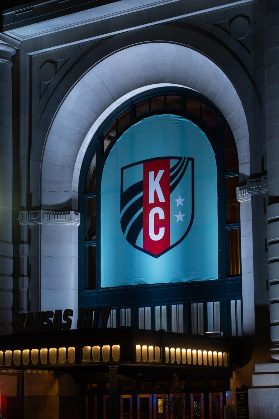 Kansas City Current banners were on the windows at Union Station a week before the team’s first game at CPKC Stadium. The team’s crest pays homage to the rivers that flow through the city and to the two states where the Kansas City metro resides.