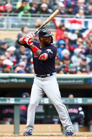Mar 31, 2019; Minneapolis, MN, USA; Cleveland Indians designated hitter Hanley Ramirez (13) bats in the top of the seventh inning against the Minnesota Twins at Target Field. Mandatory Credit: David Berding-USA TODAY Sports