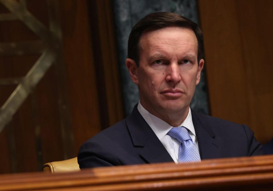 U.S. Sen. Chris Murphy, D-Conn., listens as Secretary of Homeland Security Alejandro Mayorkas testifies before the Senate Appropriations Committee on March 29, 2023 in Washington, DC.