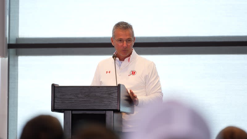 Former Utah coach Urban Meyer speaks at Rice-Eccles Stadium on Saturday, March 23, 2024.