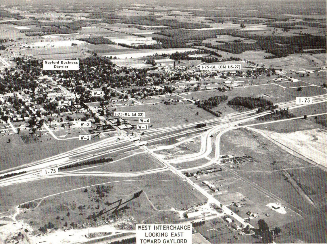 This photo shows a view of the Interstate 75 interchange at M-32 looking west toward Gaylord in September 1962 shortly after the Otsego County portion of the highway opened.