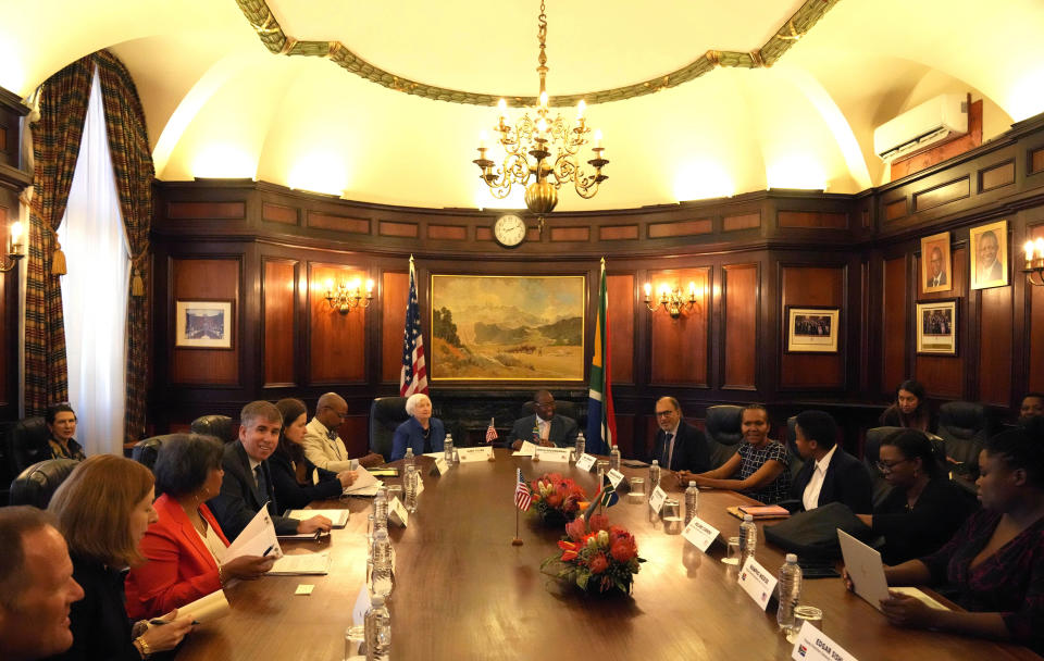 U.S. Treasury Secretary Janet Yellen, top left, with South Africa's Minister of Finance Enoch Godongwana, top right, during their bilateral meeting at the National Treasury in Pretoria, South Africa, Thursday, Jan. 26, 2023. Yellen is on a 10-day tour of Africa, part of a push by the Biden administration to engage more with the world's second-largest continent.(AP Photo/Themba Hadebe)