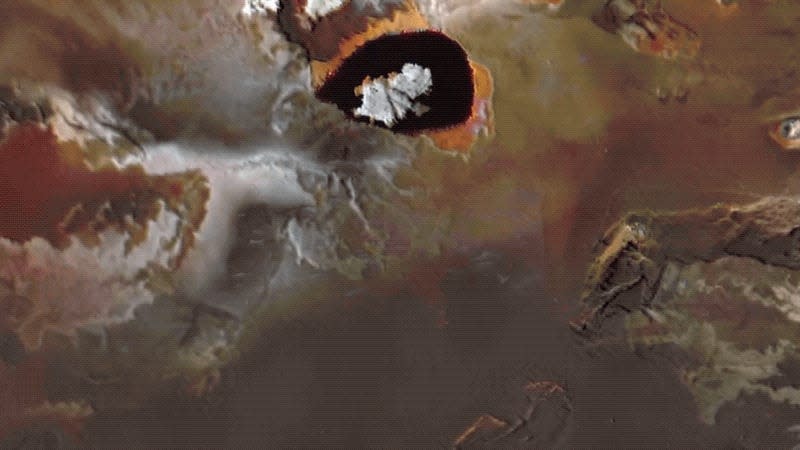 An artist’s concept of Loki Patera, one of Io’s lava lakes. - Gif: <a class="link " href="https://www.jpl.nasa.gov/news/nasas-juno-gives-aerial-views-of-mountain-lava-lake-on-io" rel="nofollow noopener" target="_blank" data-ylk="slk:NASA/JPL-Caltech/SwRI/MSSS;elm:context_link;itc:0;sec:content-canvas">NASA/JPL-Caltech/SwRI/MSSS</a>