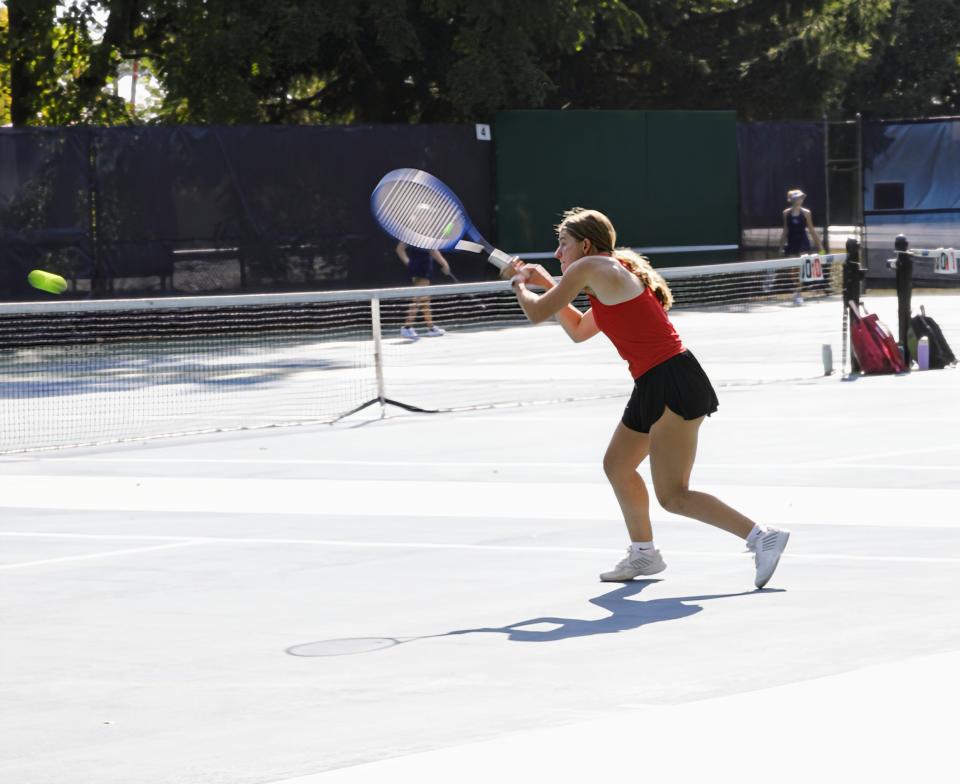 Columbus School for Girls' Iva Karagirova returns a shot during a singles match Sept. 10 at Grandview Heights. Karagirova, a sophomore, will compete in her first Division II state tournament next week.