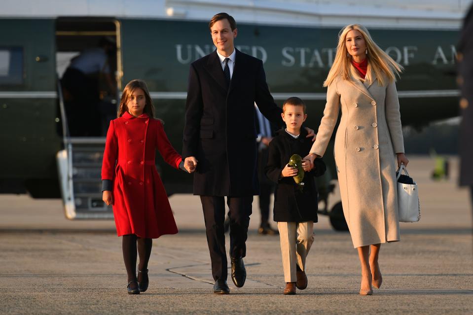 Jared Kushner, White House Senior Advisor and Ivanka Trump, White House Senior Advisor, walk with their children Arabella and Joseph, arrive at Joint Base Andrews in Maryland with US President Donald Trump 