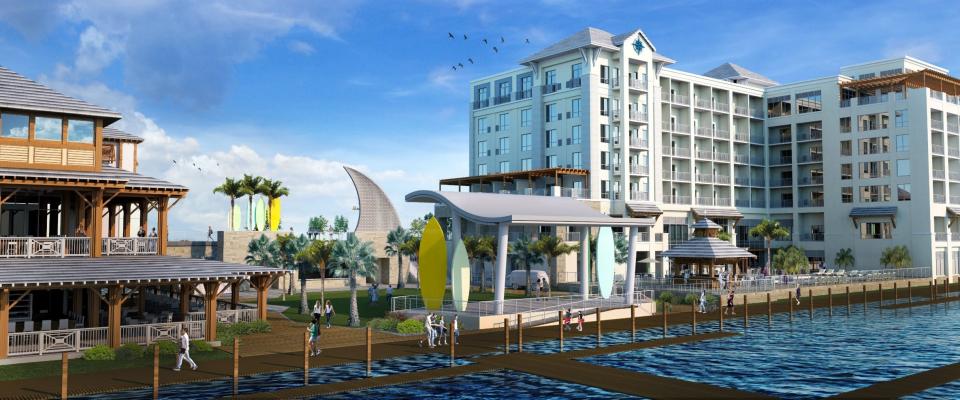 This artist's rendering depicts Compass Landing by Margaritaville, viewed from the 221-slip marina. A two-story restaurant building is on the left, with an event lawn in the middle and a seven-story hotel to the right