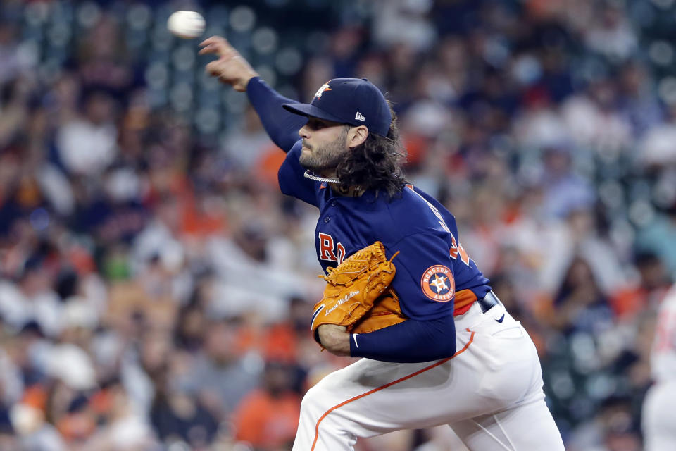 Houston Astros starting pitcher Lance McCullers Jr. throws against the Los Angeles Angels during the first inning of a baseball game Sunday, April 25, 2021, in Houston. (AP Photo/Michael Wyke)