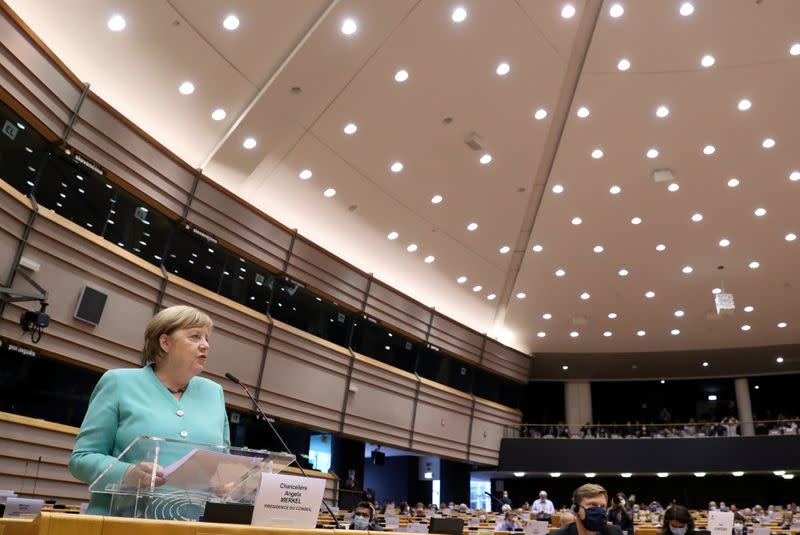 German Chancellor Angela Merkel attends a plenary session at the European Parliament in Brussels