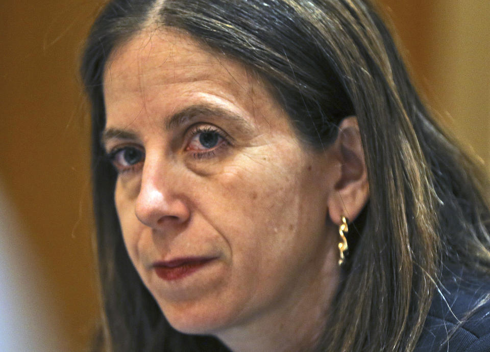 Sigal P. Mandelker, the undersecretary for terrorism and financial intelligence at the U.S. Treasury, listens to questions at a press briefing in Dubai, United Arab Emirates, Thursday, July 12, 2018. A top U.S. official focused on sanctions on Iran linked American financial pressure on Tehran with the ongoing economic protests roiling the Islamic Republic. (AP Photo/Kamran Jebreili)